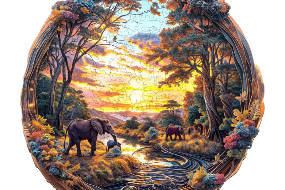 Rompecabezas de madera-Elefante al atardecer 66e5537676330 Rompecabezas de madera-Elefante al atardecer 66e5537676330