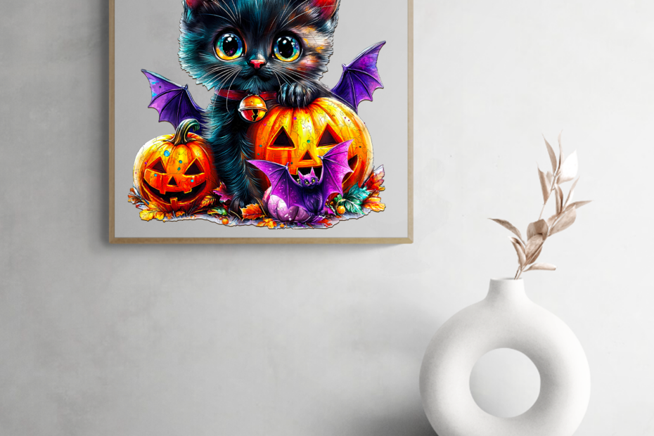 Encantador rompecabezas de Halloween: adorable gato negro con calabazas y murciélagos 66ded7de7ad40